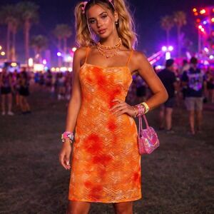 Vintage Y2K Jodi Kristopher Orange Crochet Slip Dress Tie Dye Made USA‎